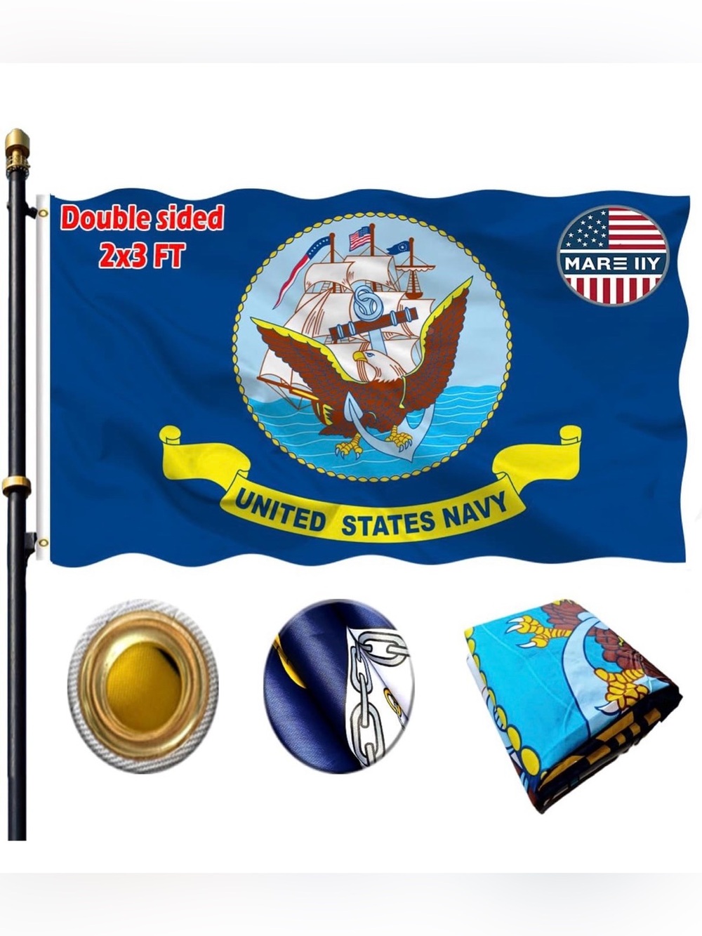 VOLTA 2x3ft US Navy Double Sided Heavy Duty Outdoor Flag, 3-Ply Fade Resistant